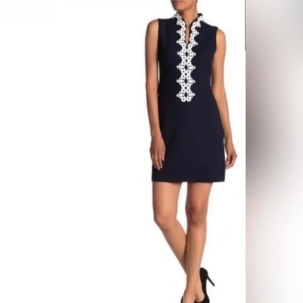 Vince Camuto Navy & White Mandarin Collar Sleeveless Mini Shift Dress Sz 8 - Picture 7 of 9